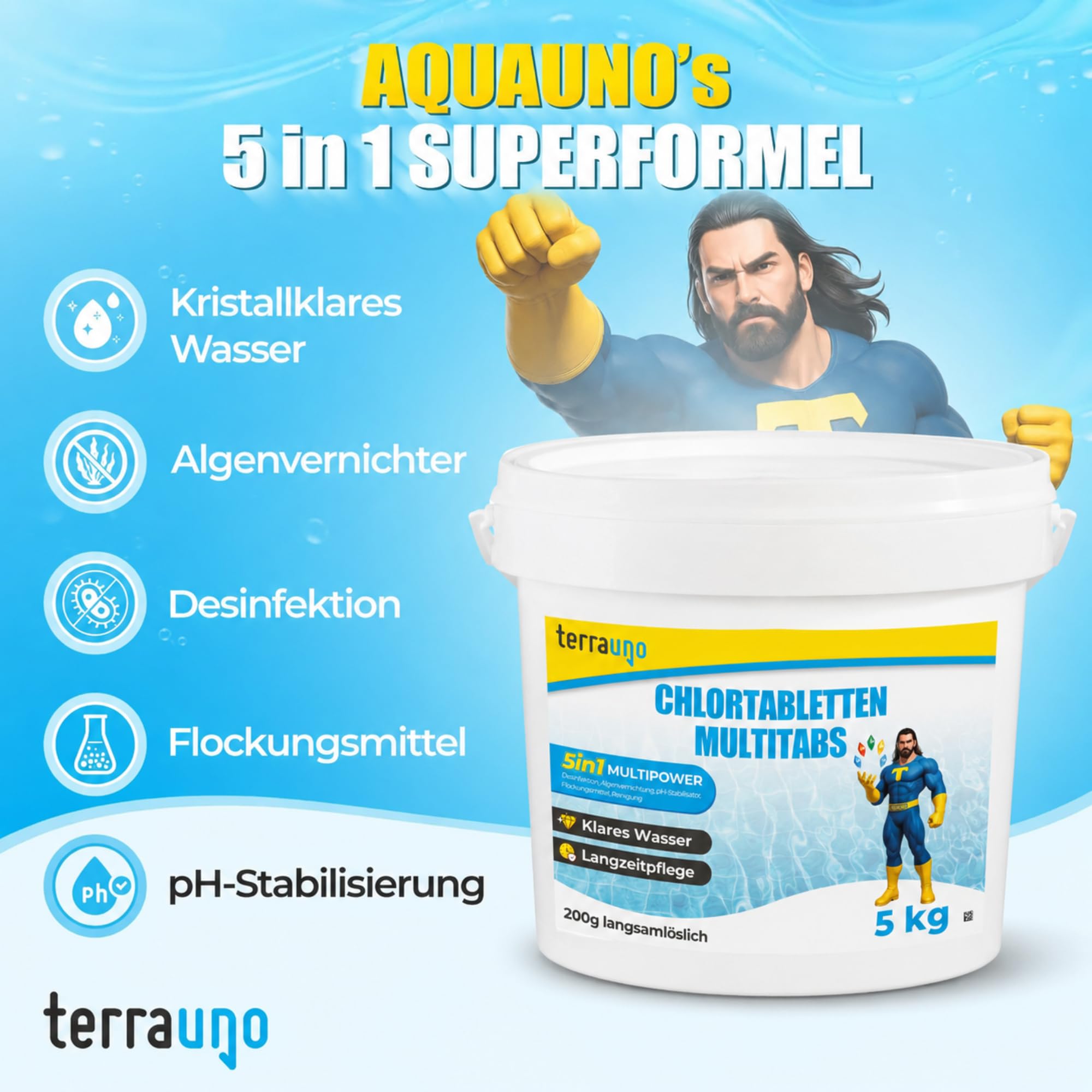 TerraUno Chlortabletten für Pool, Multitabs 5 in 1 für Poolpflege, 5kg je 200g Pool Tabletten langsamlöslich, mit 5 Phasen Power, KristallKlar Effekt, Chlor