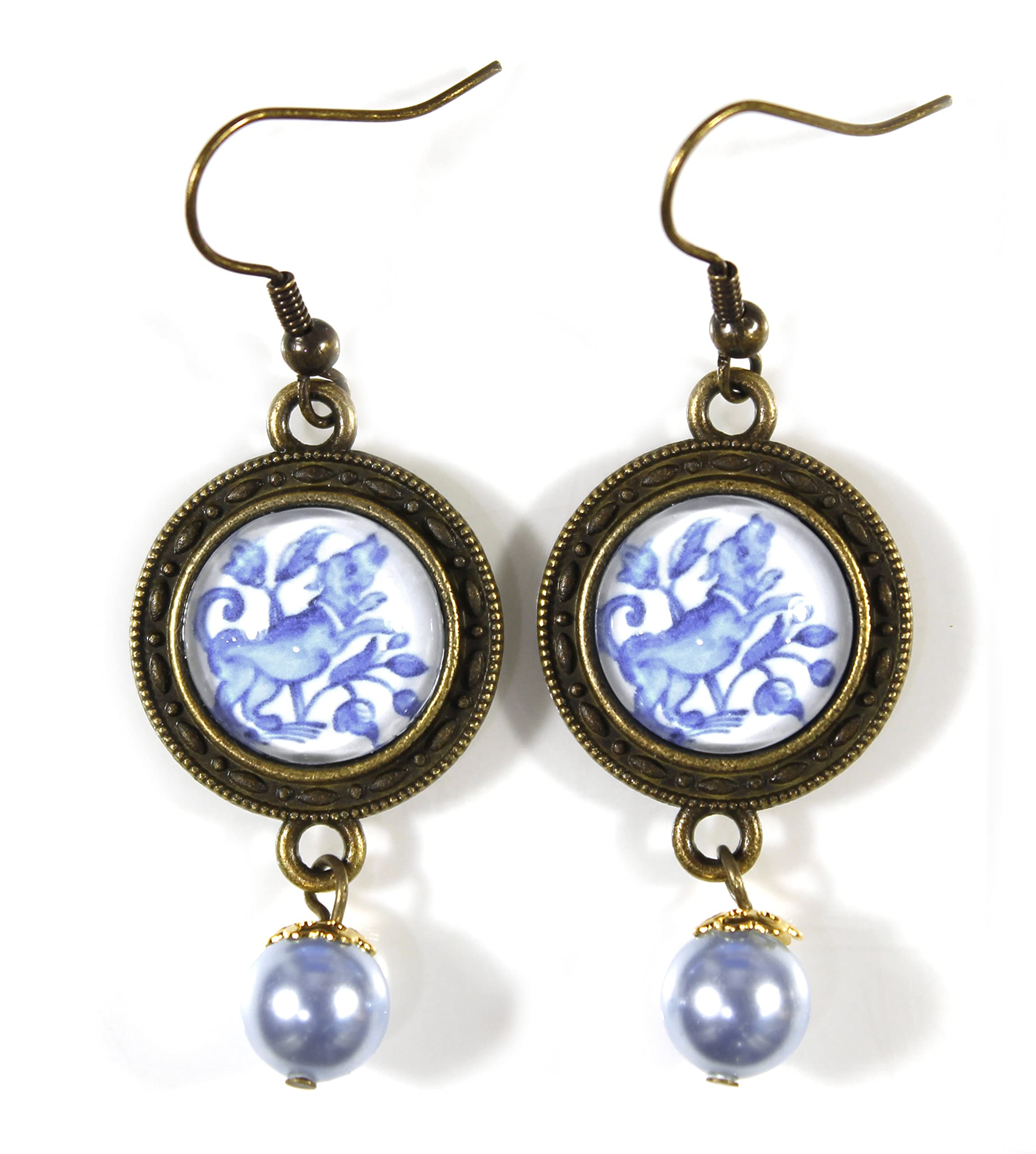 'Delftware Lover', Various Blue and White Delftware Cabochon Dangle Earrings