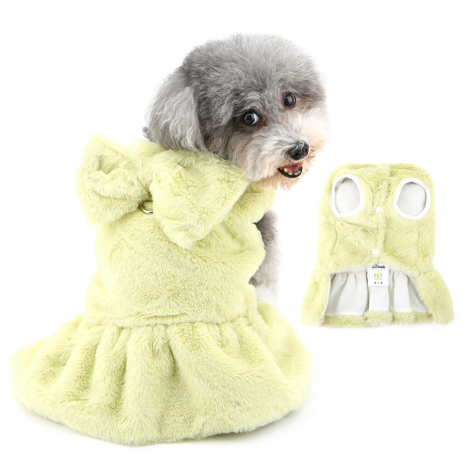 Ranphy Pet Plush Fleece Jumper Dress for Small Dog Fluffy Puppy Princess Skirt Outfits with Leash Ring Bow Sleeveless Yorkie Chihuahua Autumn Winter Female Dog Clothes Cat Clothing,Green,XL