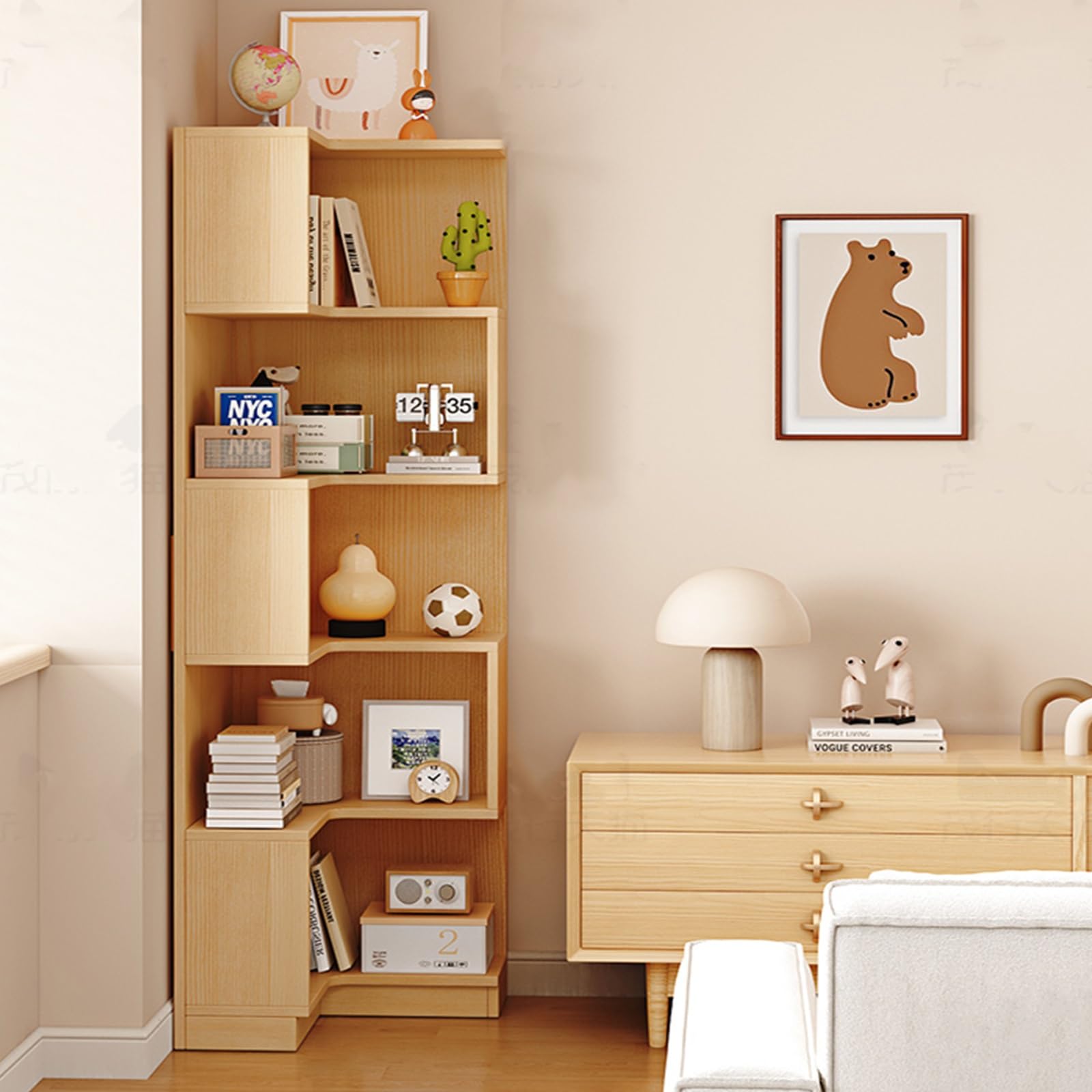 Eckregal im Vintage-Stil mit 5 Ebenen, rustikales Präsentationsregal für das Wohnzimmer, hohe Bücherregale, Aufbewahrung aus Naturholz, Moderne Wohndekoration, 60 cm