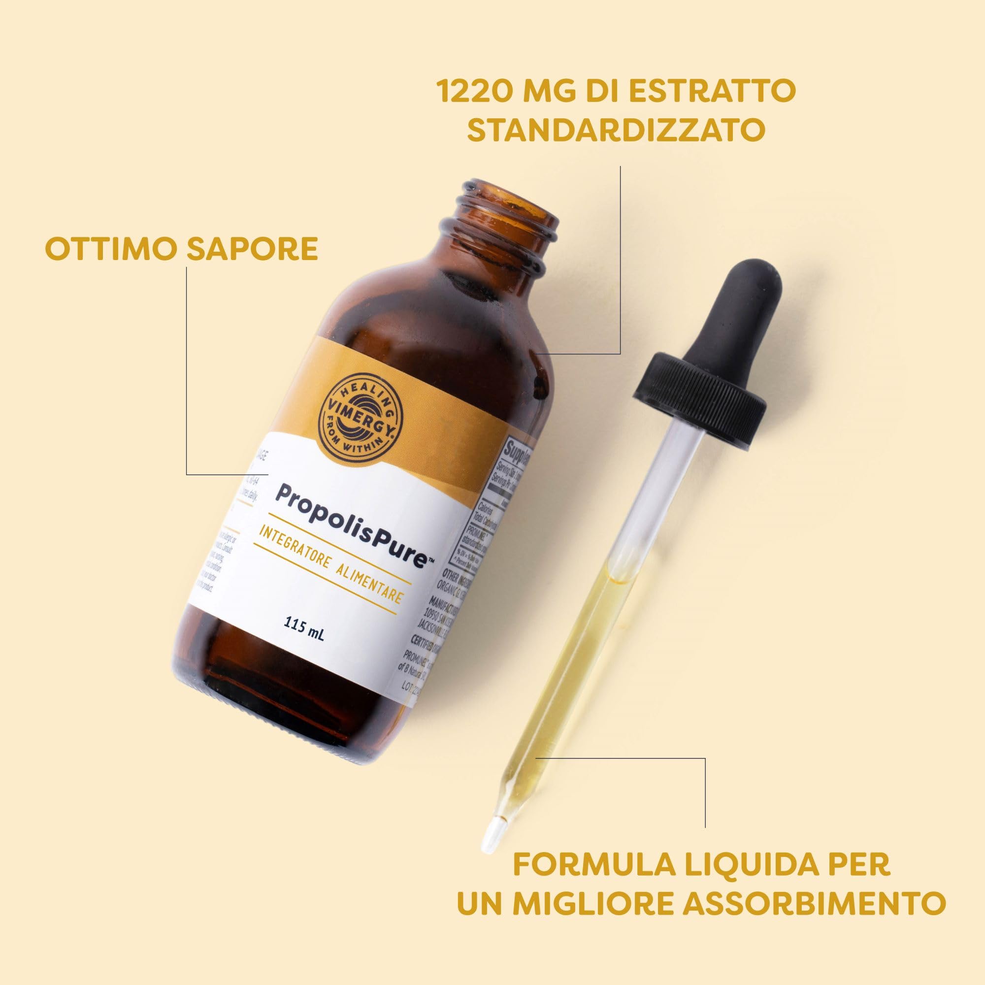 Vimergy PropolisPureTM (57 Dosi - 115 ml) – 1220 mg di Estratto di Propoli – Propoli da Bere Standardizzata ai Polifenoli – Vegetariano – Senza Zucchero, Leganti, OGM o Glutine