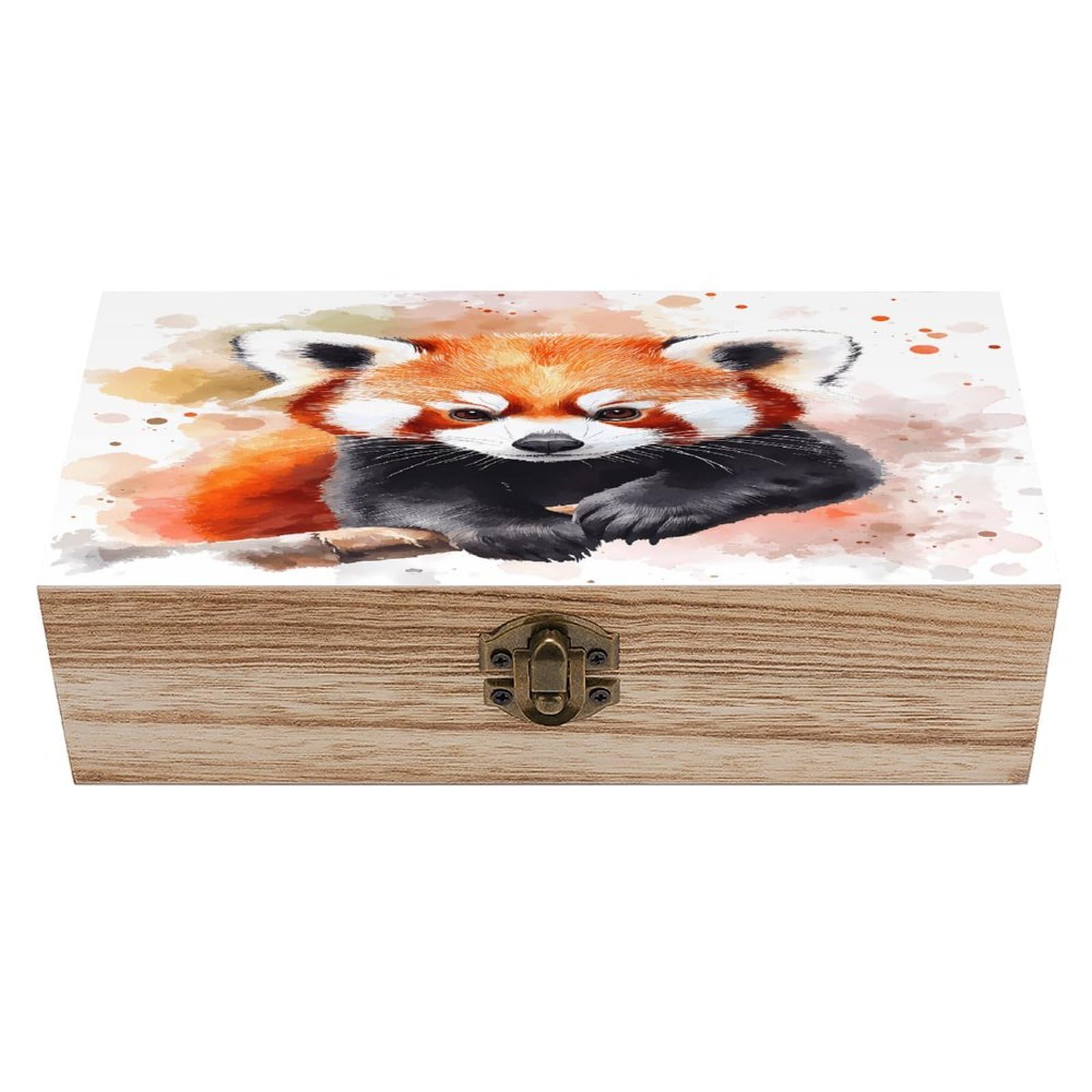 HLBSDM Cute Red Panda Watercolor Wooden Storage Box with Front Clasp Vintage Keepsake Boxes for Jewelry Decorative Gift Ideas for Men Women