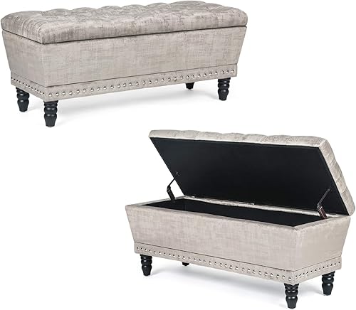 Miniatura 4 de Homebeez Banco otomano de almacenamiento de terciopelo con ribete de clavos (gris plateado)