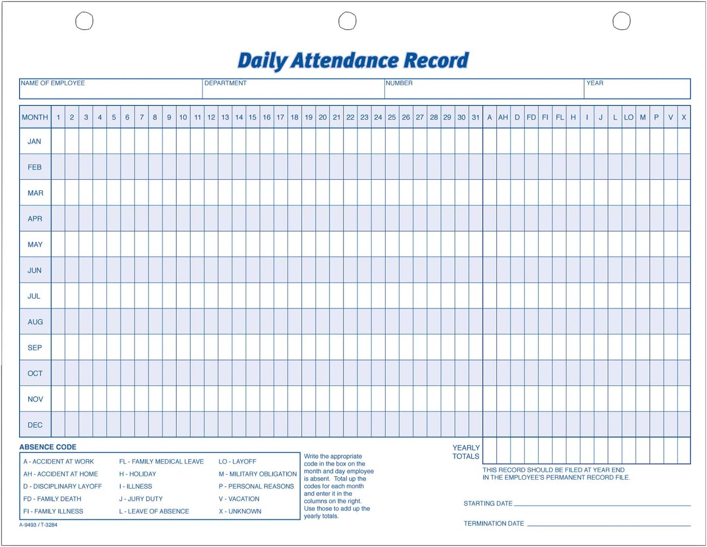 Adams Daily Attendance Record, 8.5 x 11 Inches, 3-Hole Punched, 50-Pack, White (9493)