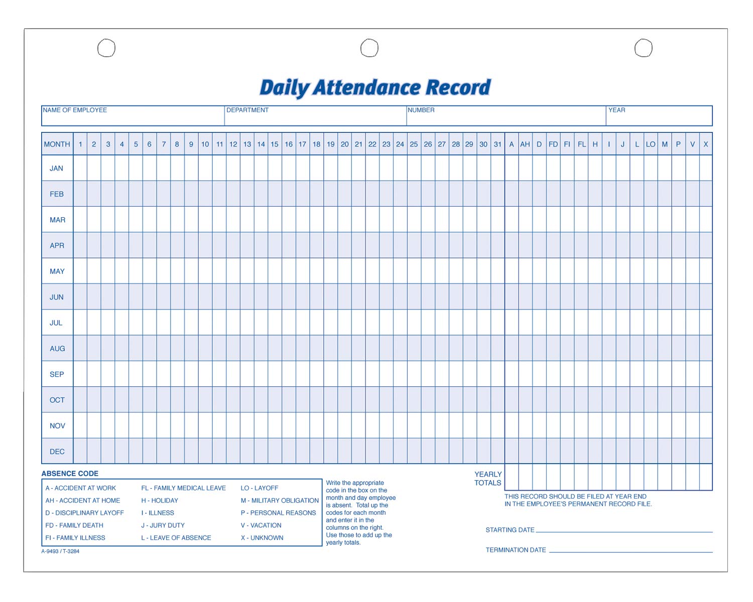 Daily Attendance Record, 8.5 x 11 Inches, 3-Hole Punched, 50-Pack, White (9493)
