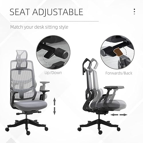 Miniatura 4 de Vinsetto Silla de oficina ergonómica de malla con respaldo alto con altura ajustable apoyabrazos soporte lumbar y reposacabezas grisnegro