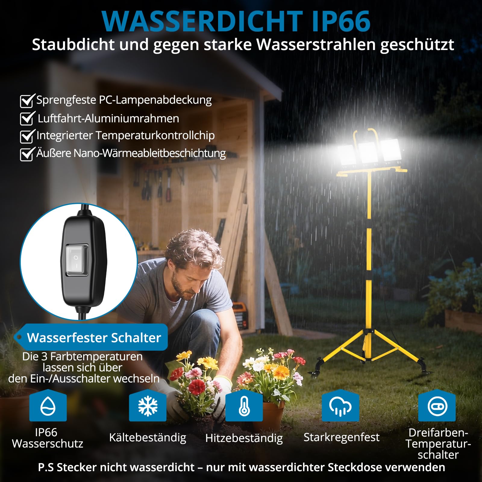 AUTOUTLET Baustrahler LED mit Rollstativ 300W, 3000K/5000K/6500K & 5M Kabel | 27000LM Baulampe mit Feststellbremse, 118-174cm Höhenverstellbar Stativ, IP66 Wasserdicht, Abnehmbar, für Garage Baustelle
