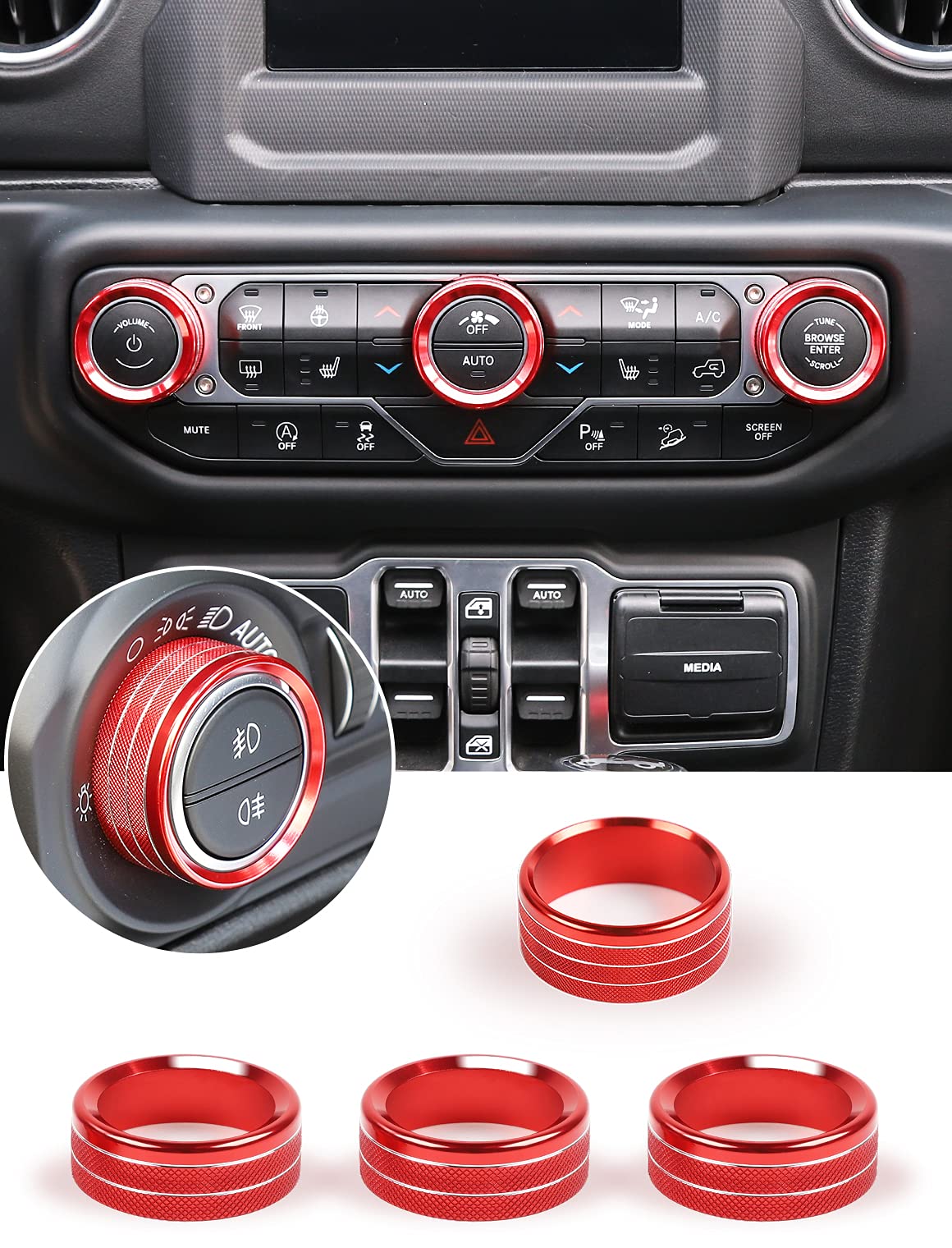 Savadicar HVAC Climate Control Panel Knob Trim Kit & Light Control Switch Cover, Air Conditioner Knob Aluminum Alloy Ring for 2018-2024 Jeep Wrangler