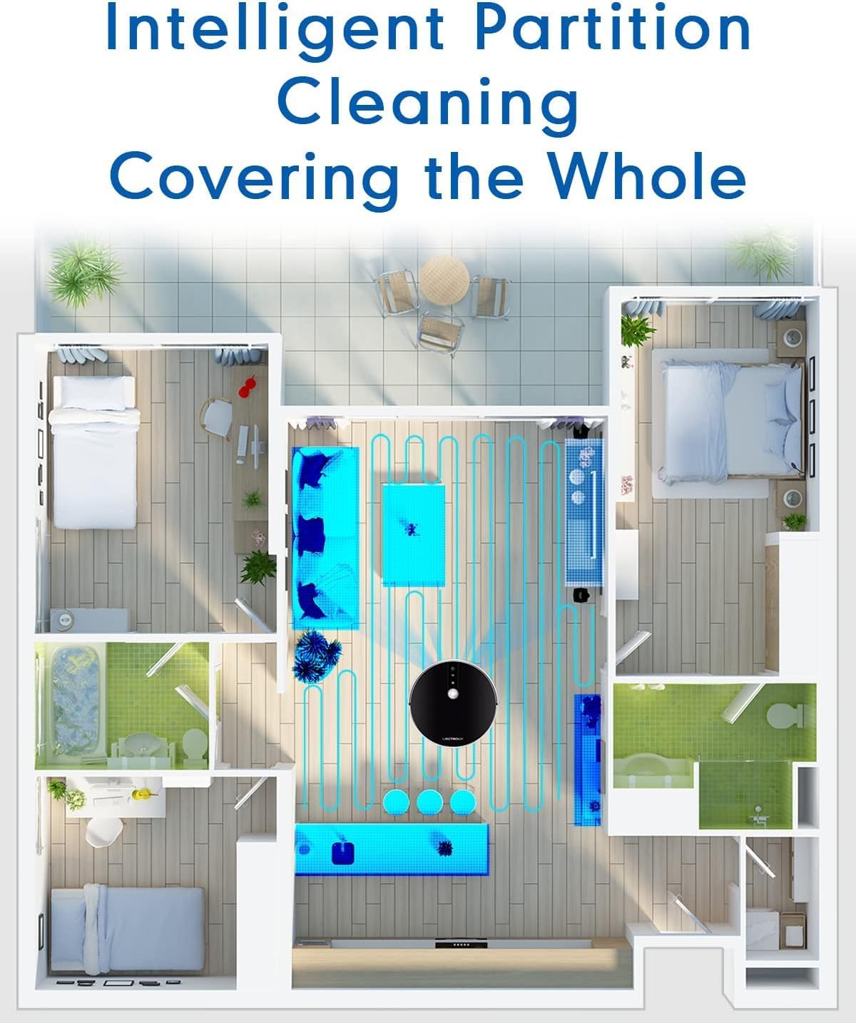 Liectroux C30B Robot Vacuum cleaning a floor plan with intelligent partition cleaning