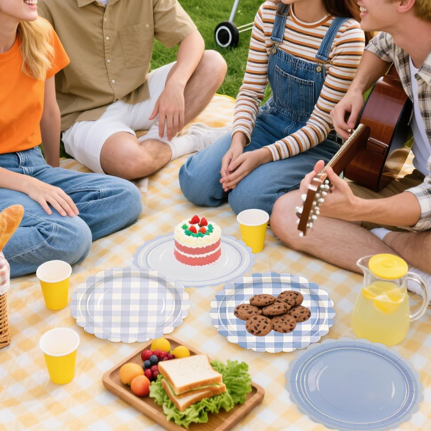 48PCS Light Blue Gingham Paper Dessert Plates - 7 Inch Disposable Scalloped Checkered Dinner Plates for Birthday Baby Shower Wedding Picnic Party Supplies, 4 Styles - Image 6