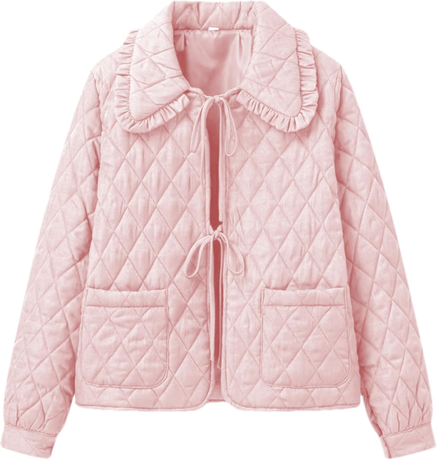 Women's Quilted Lightweight Jackets Long Sleeve Winter Cropped Cotton Padded Coat Jacket Bow Tie Puffy Outwear