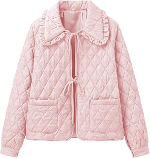 Women's Ruffled Cropped Quilted Jacket Tie-Front Winter
