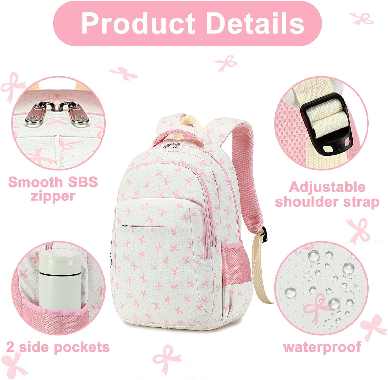 LEDAOU School Backpack for Girls Boys Kids Bookbag Elementary Primary Middle School Bag Travel Back Pack for Ages 6-14 (Pink Bow) - Image 9