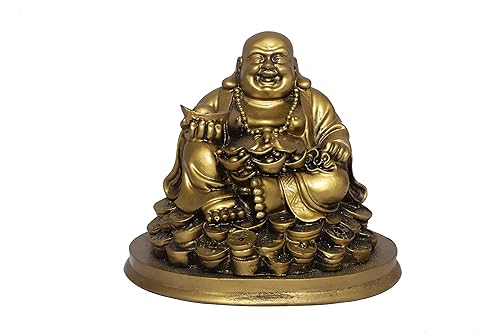 Bro Mart Laughing Buddha sentado en la suerte Monedas de dinero con lingote dorado para la buena suerte y la felicidad (5 pulgadas) - Regalo de