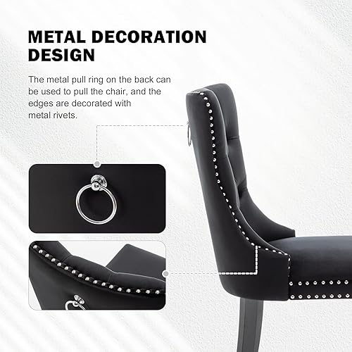 Miniatura 4 de Juego de 4 sillas de comedor de terciopelo, sillas de comedor tapizadas con ribete de anillo y botón trasero y patas de madera, asientos modernos