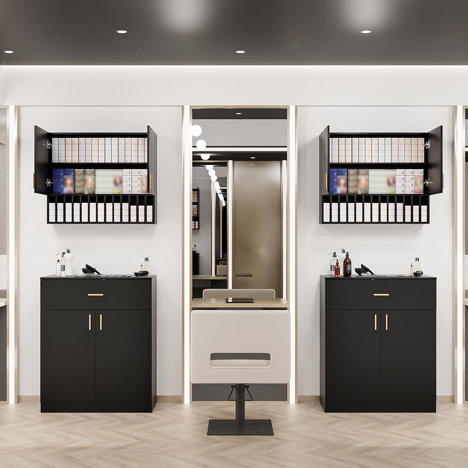 OmySalon Salon Storage Station Barber Station, Salon Stations for Hair Stylist, Free Standing Cabinet Beauty Salon Spa Equipment with 1 Drawers, 1 Storage Cabinet for Hair Styling, Black