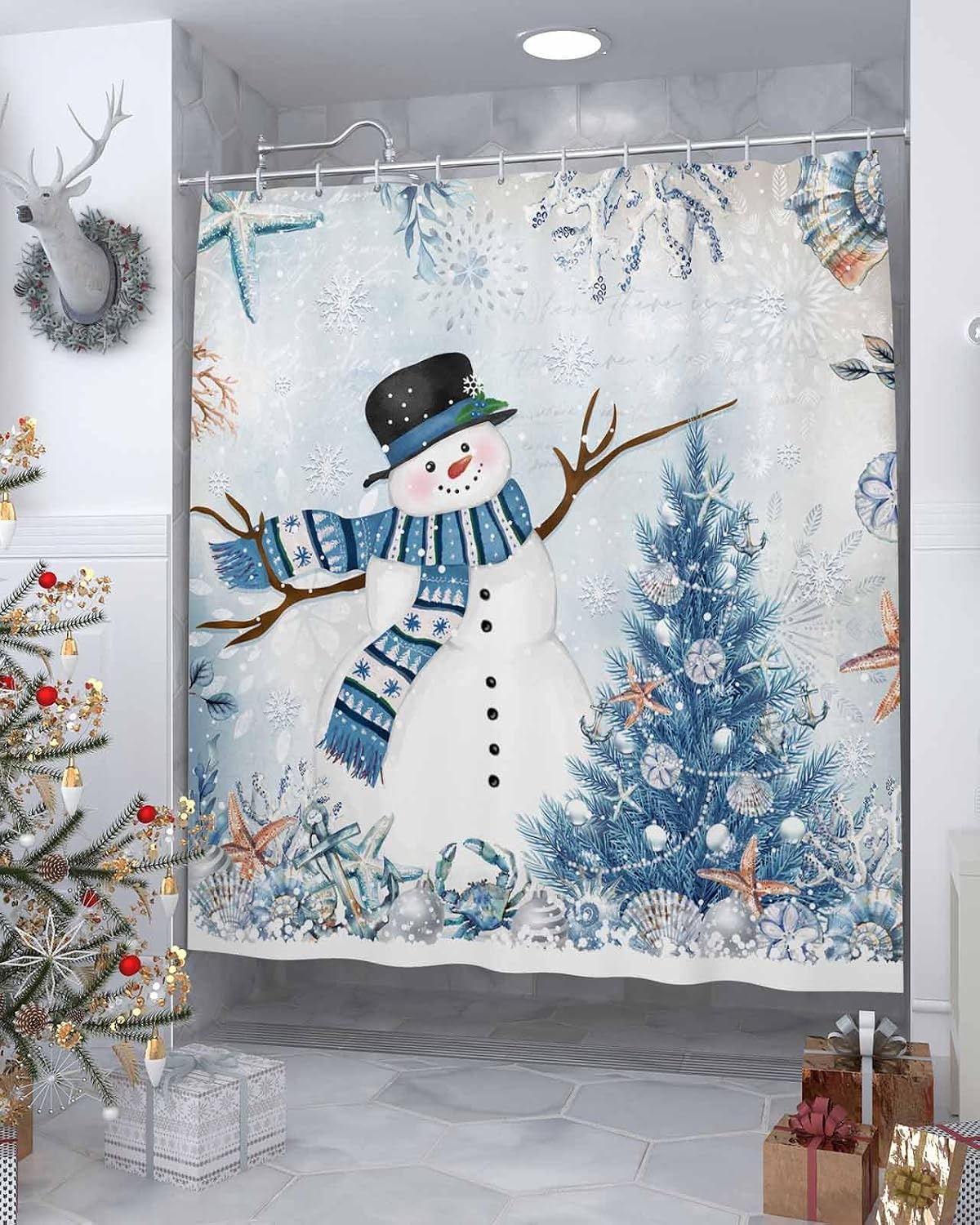 Coastal Christmas Waterproof Shower Curtain Set - Standard 72 x 72 In, Blue Snowman Xmas Tree Polyester Fabric Bathroom Curtain with 12 Hooks, Ocean Nautical Starfish Coral Bathroom Accessories