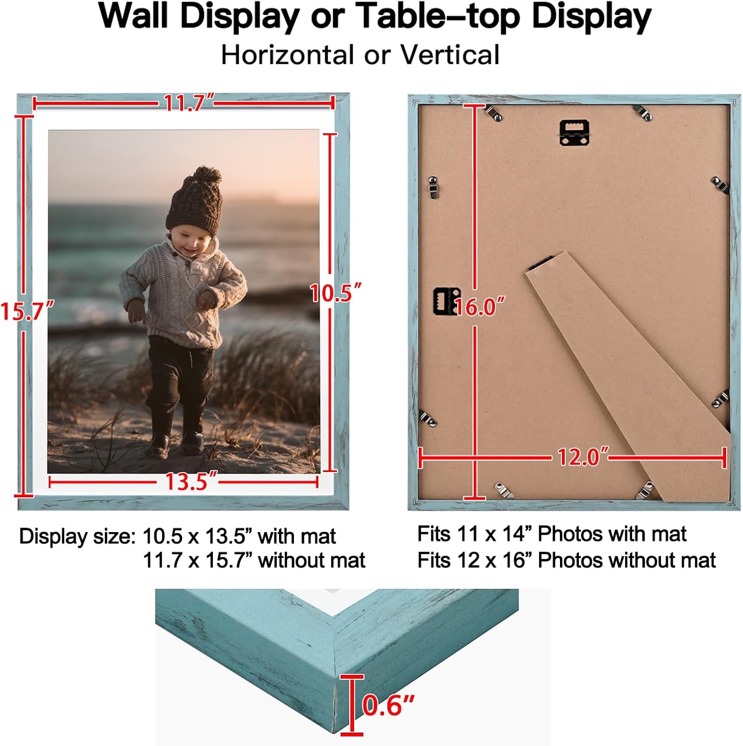 KINLINK 12x16 Picture Frame Turmaline Blue, Wooden 16x12 Photo Frames with Plexiglass for 11x14 Picture with Mat or 12x16 Without Mat, Perfect for Art Wall and Tabletop Display 12 x 16 frame Set of 4