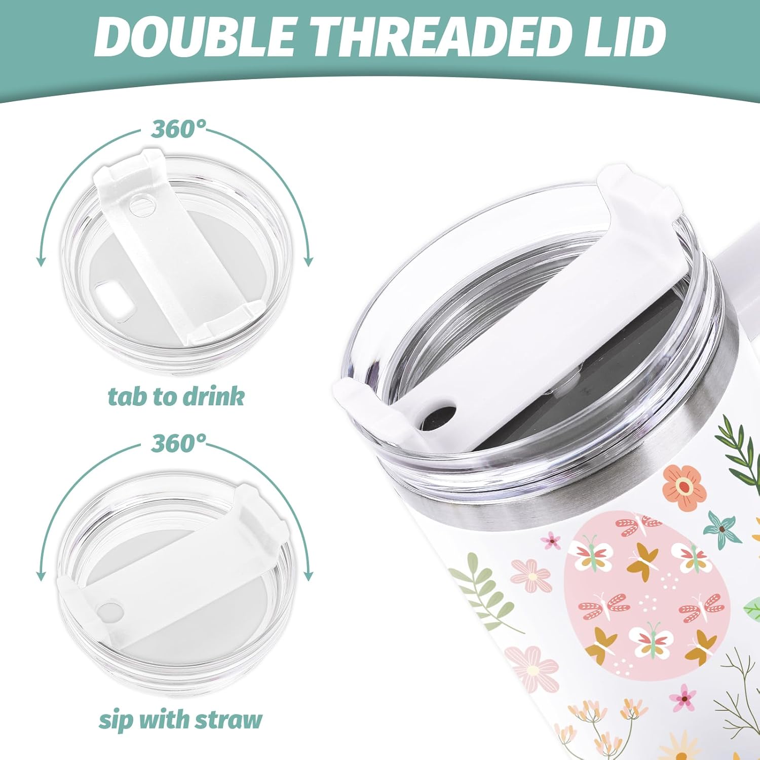 Easter Tumbler with Handle 40oz Easter Egg Bunny Flowers Tumbler with Lid and Straw Colorful Holiday Stainless Steel Cup for Easter Spring Home Office Travel - Image 3