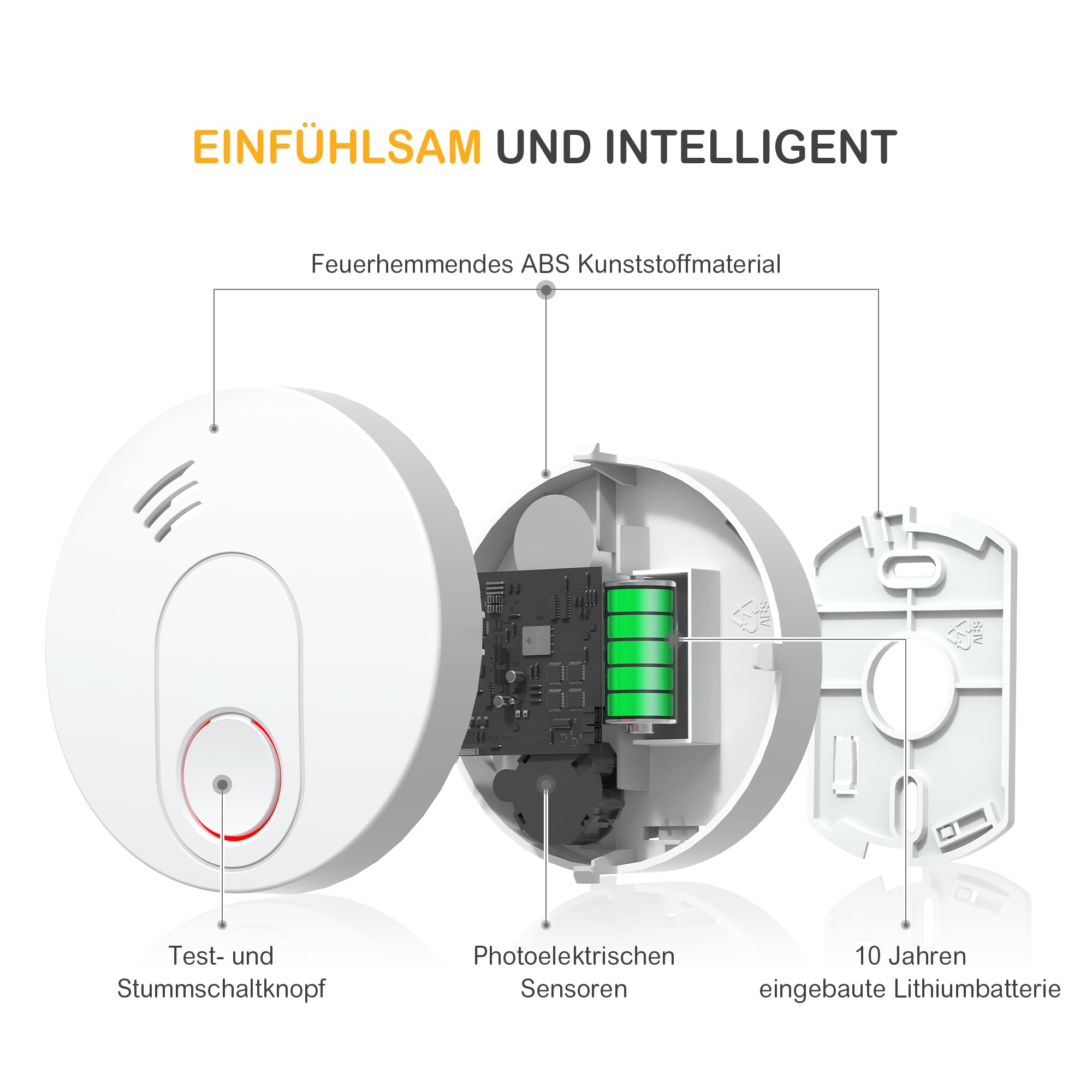 Rauchmelder mit Magnethalterung, 10 Jahres Langzeit Batterie Feueralarm mit Fotoelektrischem Sensor EN 14604 Stummschaltung Rauchwarnmelder, GS526