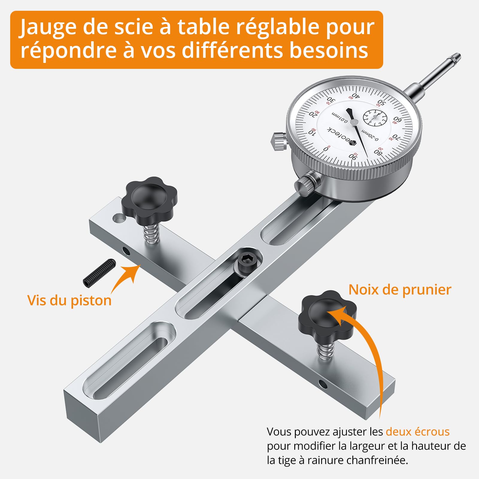 Neoteck 0-20mm Comparateur Mécanique pour Scie à Table Résolution 0.01mm avec Barre en Aluminium Anodisé Fixation à Trois Glissières Indicateur à Cadran Mécanique pour Scies Circulaires à Table