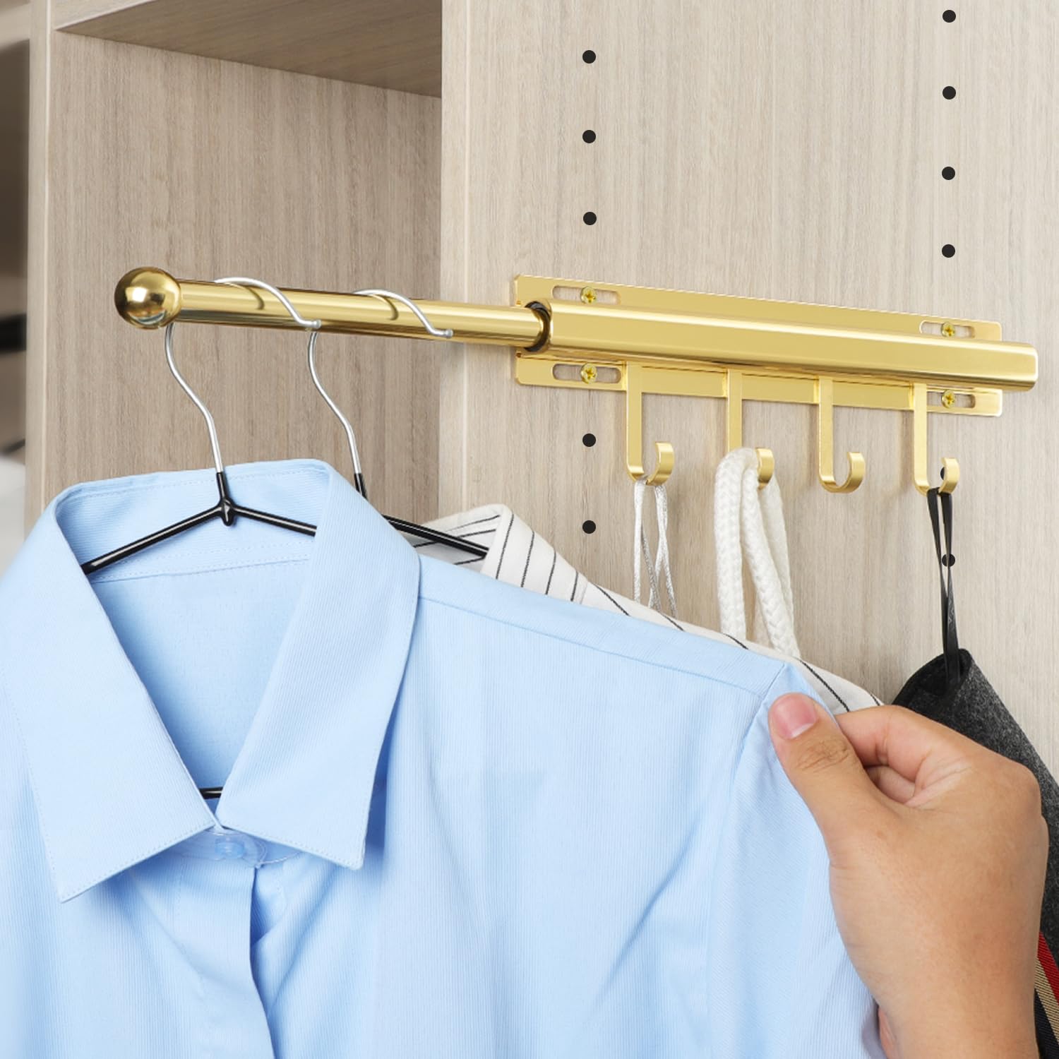BaiNong Valet Rod for Closets Pull Out 12" Gold with 4 Hooks