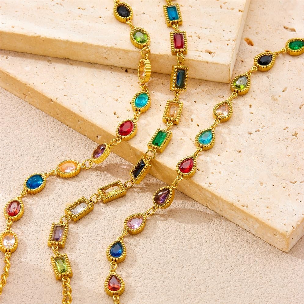 Dainty Gold Plated Multicolor Crystal Bracelet for Women - Elegant Colorful Gemstone Tennis Bracelet with Rainbow Cubic Zirconia - Image 5