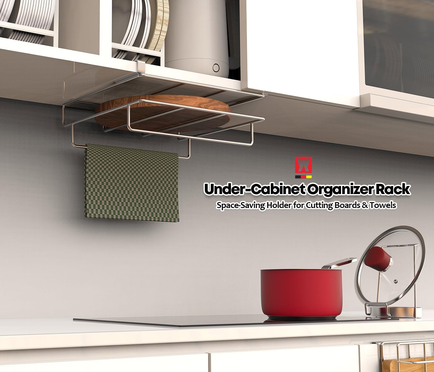 Stainless Steel Under/Over Cabinet Cutting Board and Kitchen Towel Rack – Space-Saving Rack for Countertop and Cabinet Door Storage, Chopping Board Holder (One-Layer) - Image 2