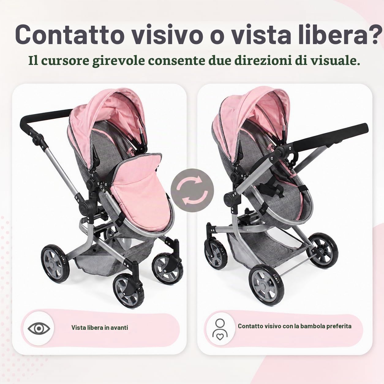 Bayer Chic 2000 - Passeggino per bambole Mika, 2 in 1 per bambini dai 4 agli 8 anni, grigio melange rosa, 73 x 41 x 82 cm