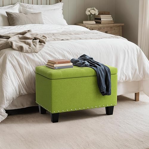 Miniatura 4 de MoNiBloom Banco otomano de 24 pulgadas con almacenamiento para dormitorio, banco contemporáneo de lino verde copetudo, reposapiés, taburete otomano