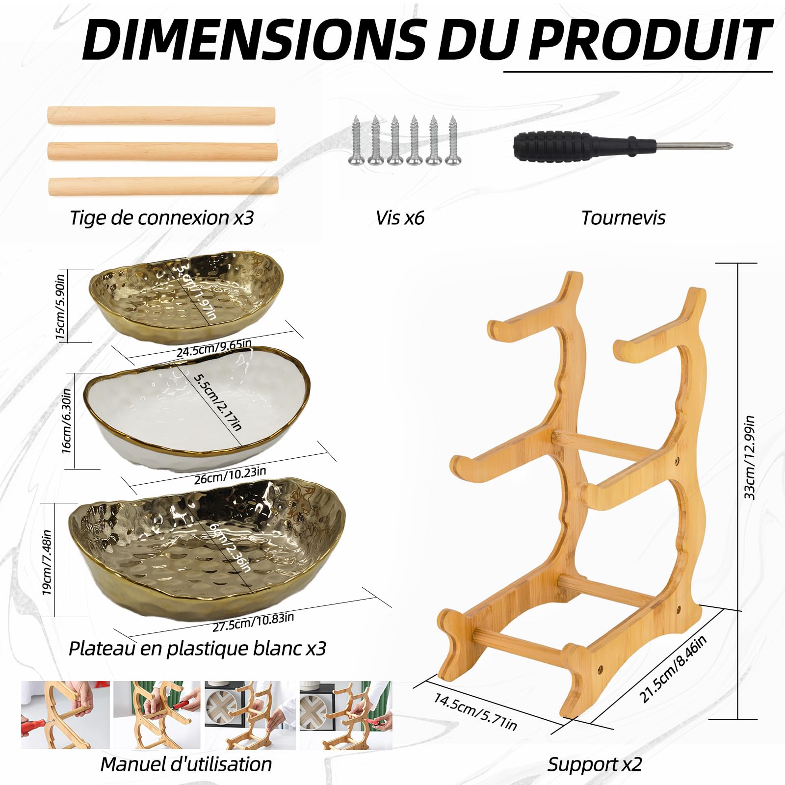 Étagère à fruits à trois étages en céramique, base en bambou, pour présenter des fruits, des collations et des pâtisseries. Doré