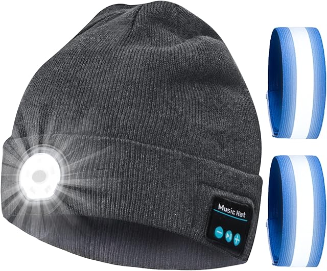 Cikyner Bluetooth Beanie Hat, Led Beanie Hat Musical Knitted Cap Headphones with Built-in Stereo Speakers & Mic Rechargeable Running Lights with 2 Reflective Armbands for Running, Camping, Hiking