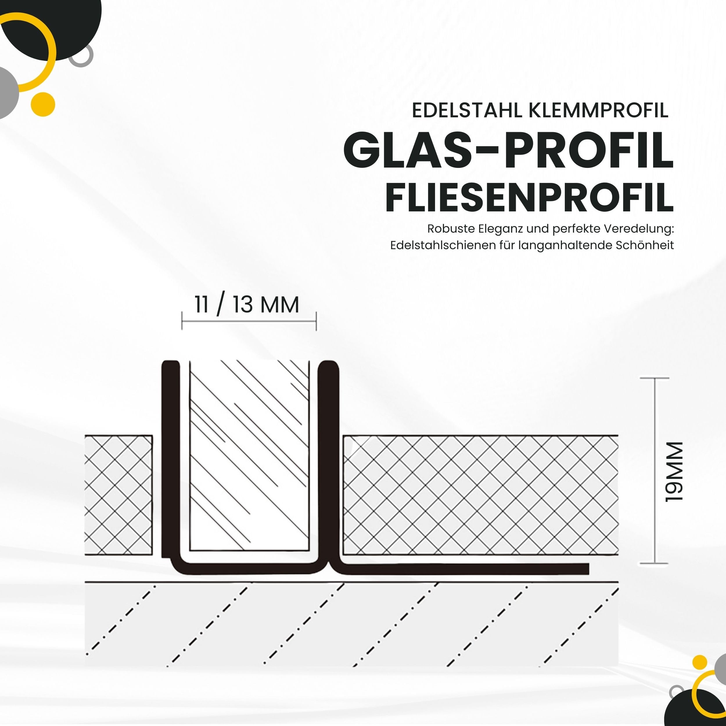 Glas-Fliesenprofil Edelstahl Klemmprofil Wandprofil V2A 2m H19mm 11mm-Glas gebürstet
