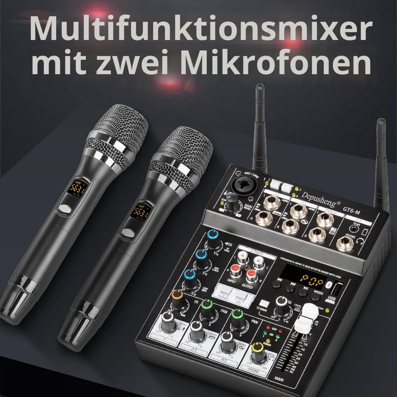 Depusheng GT6-M Audio-Mixer, 6-Kanal-Soundkonsole mit zwei drahtlosen Mikrofonen, Soundboard-Konsole Bluetooth-USB-DJ-Mixing für Karaoke-Party-Computer-Studio