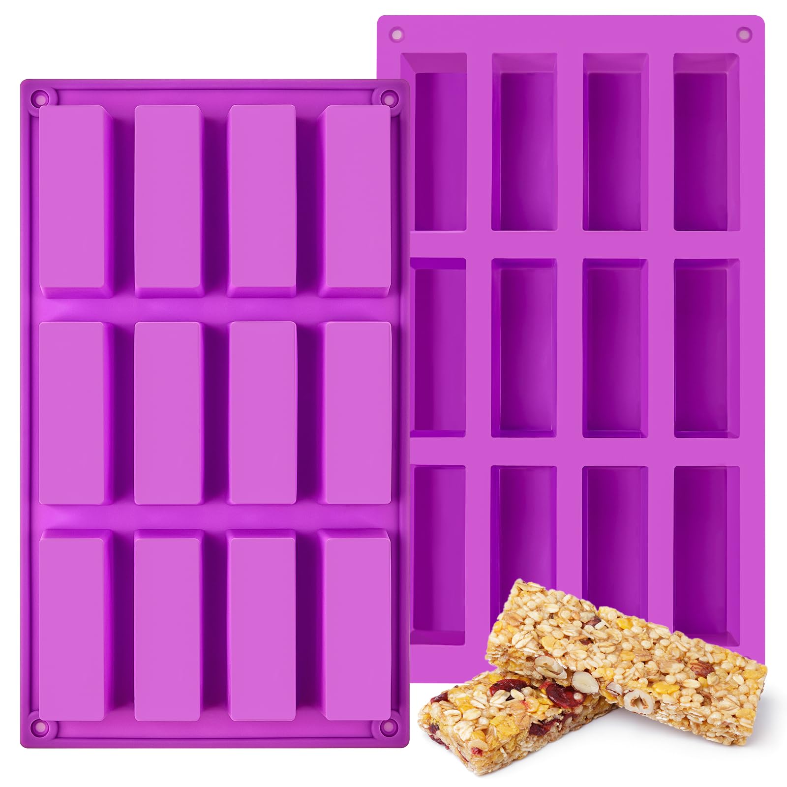 View 1 of 12-Cavity Silicone Granola Bar Molds, 2 Pcs Candy Bar Molds Rectangle Protein Bar Mold for Baking Chocolate Bar, Cereal Bar, Cheesecake, Brownies