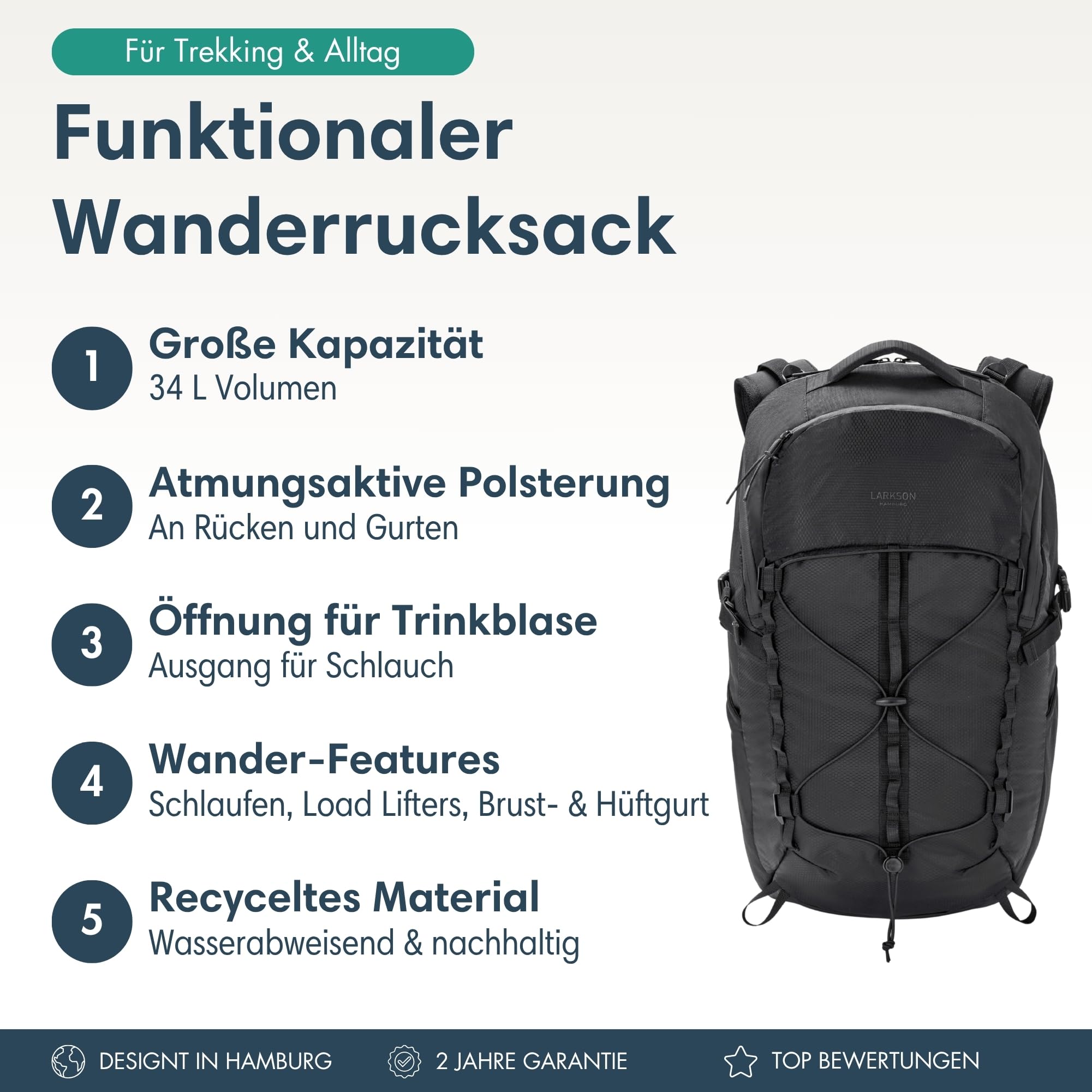 LARKSON Wanderrucksack Damen & Herren - Klint Large - Trekkingrucksack 30L - Wandern, Trekking, Camping, Klettern - Tagesrucksack mit Hüftgurt & Mesh-Polsterung