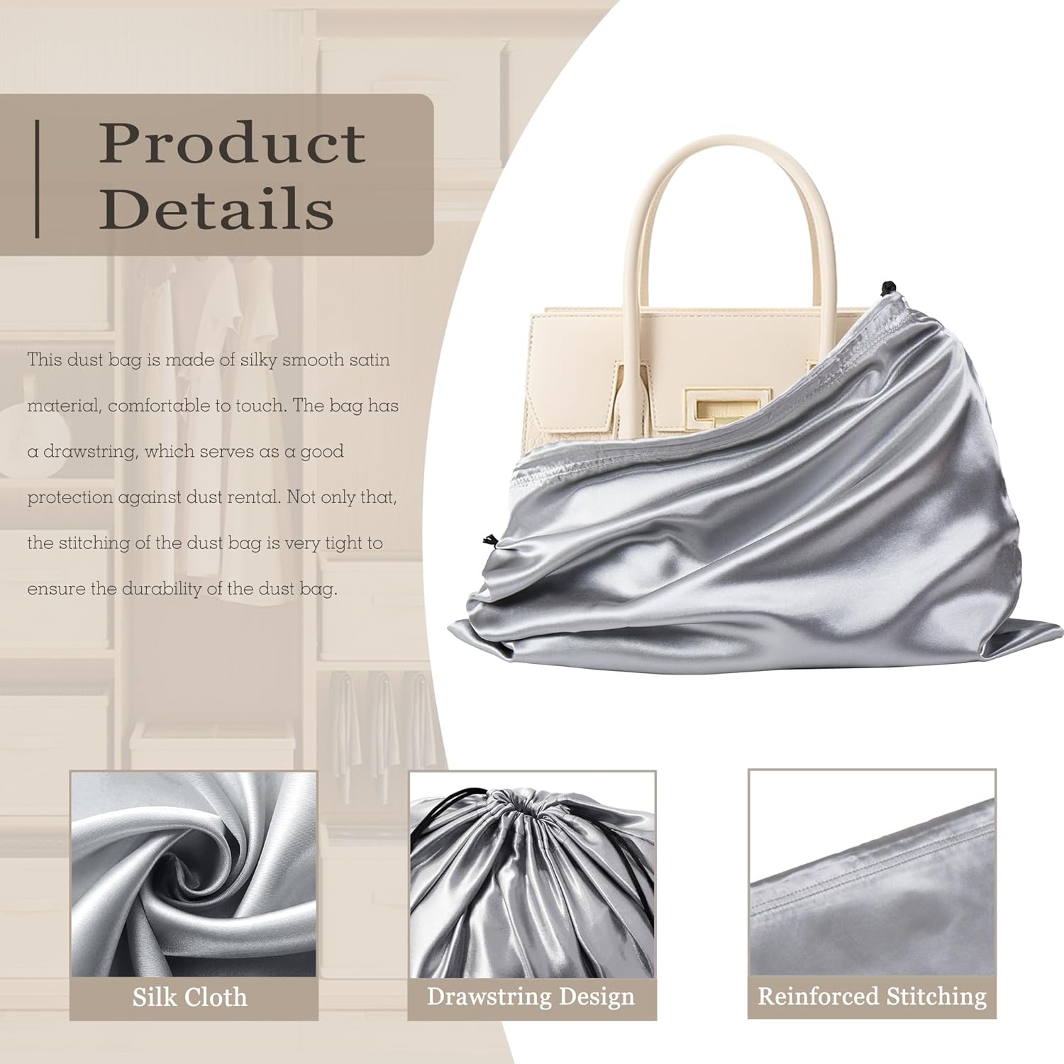 Vonty 3 Pack Silky Dust Bags for Shoes and Purses, Satin Drawstring Bag for HandBags Boots - Grey Shoe Bag Silk Dust Cover Bag Protector Travel Storage Pouch(23.6 x 19.6 In) Grey 23.6 x 19.6