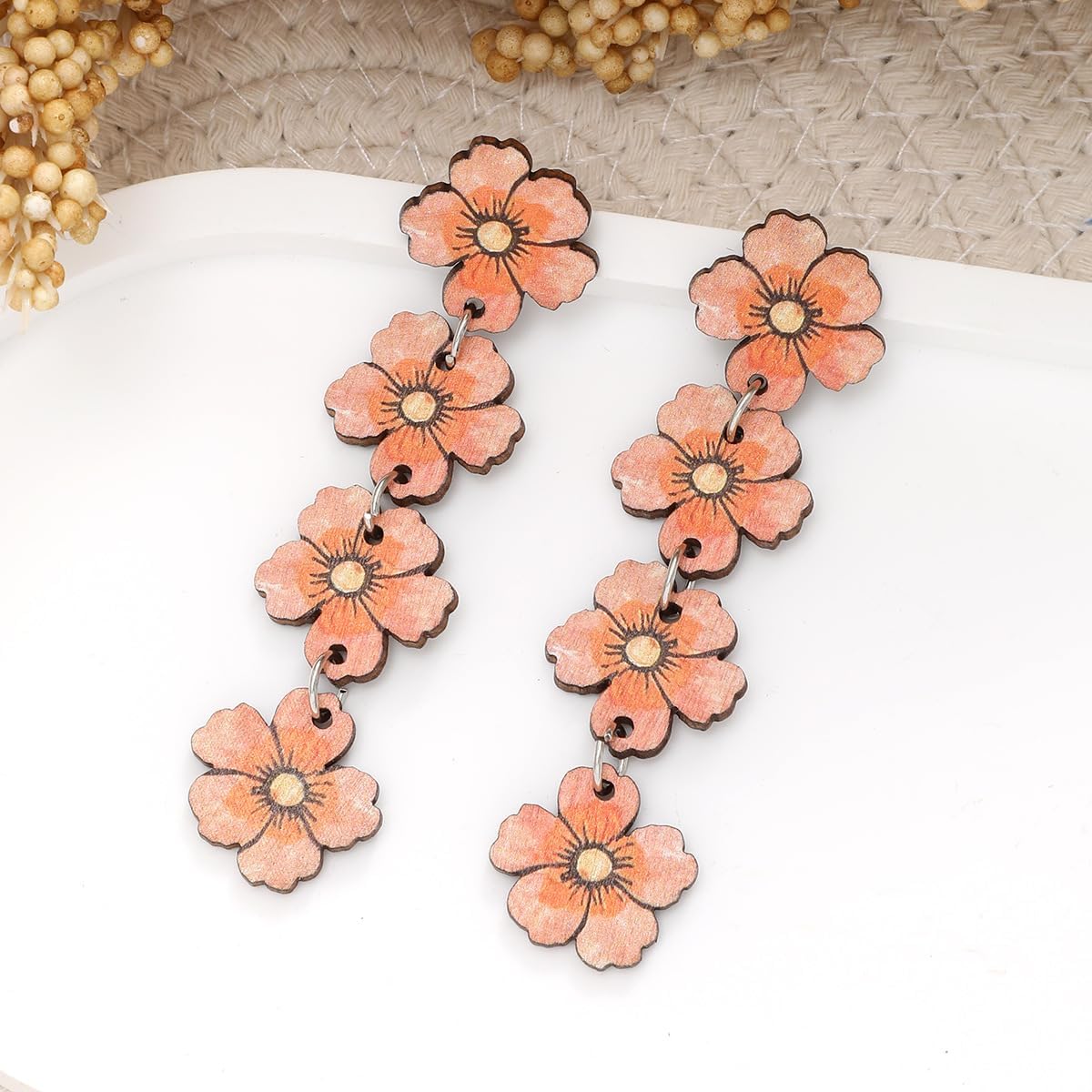 Wooden Flower Stud Earrings for Women Handmade Bohemian Flowers Print Drop Dangle Earrings Vacation Jewelry - Image 6