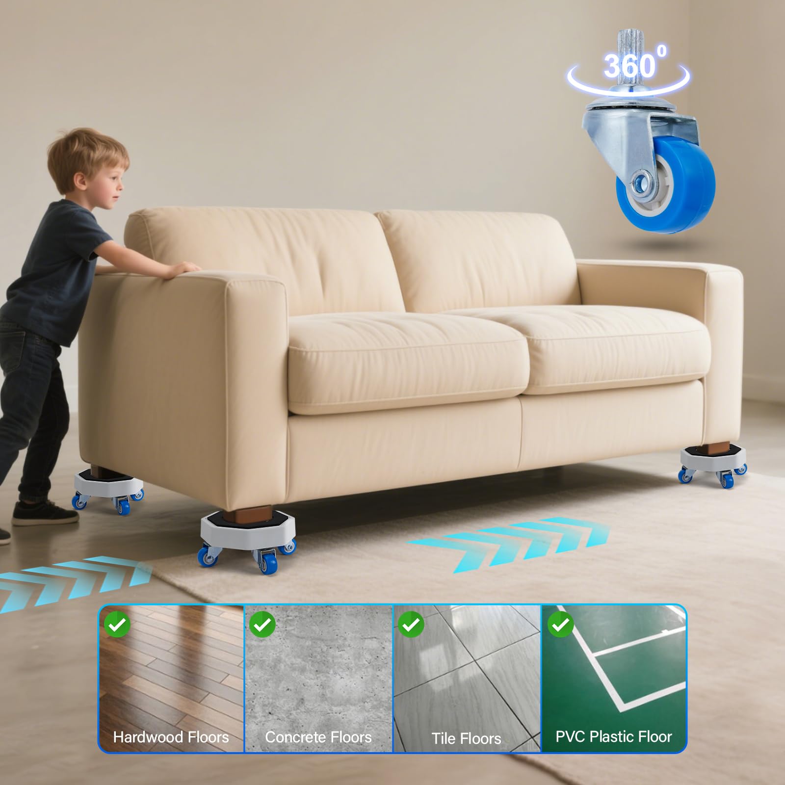 Set di 4 cursori per mobili, sistema di movimentazione per mobili con carrello a rullo, set di attrezzi per il movimento; set 750LBS- 4 cursori esagonali con 4 ruote blu e asta mobile
