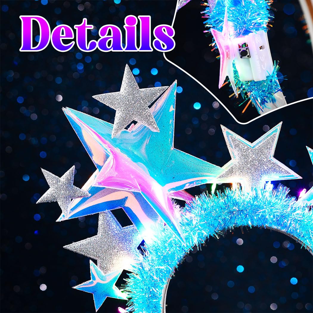 Handcess Light up Star Headband Glitter LED Hair Band Glowing Costume Crown Headbands Carnival Rave Hair Accessories for Women - Image 3