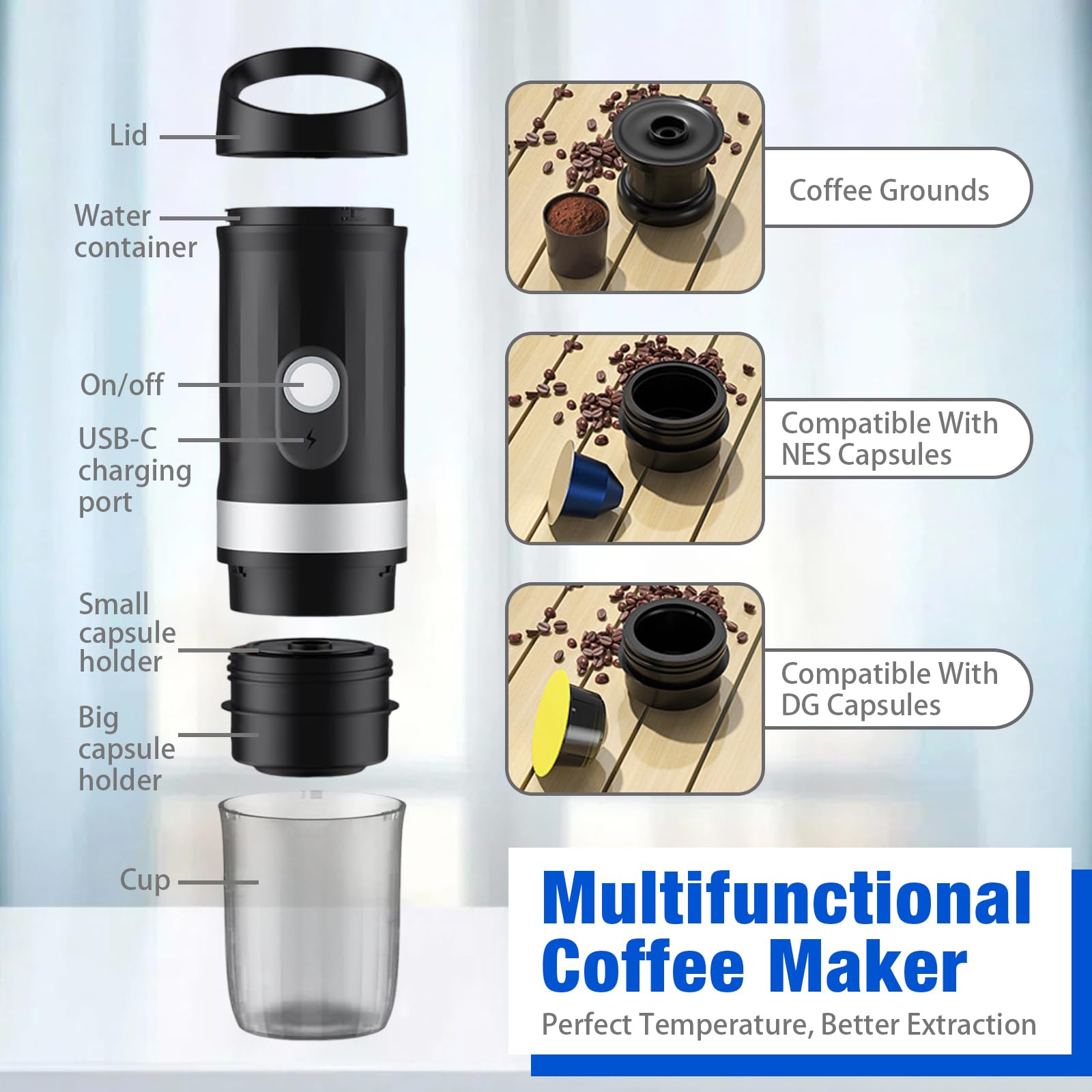 Máquina de café espresso portátil, 20 bar, cafetera eléctrica con autocalentamiento, compatible con cápsulas NS, café en polvo, 80 ml, pequeña cafetera de viaje para camping, senderismo, oficina