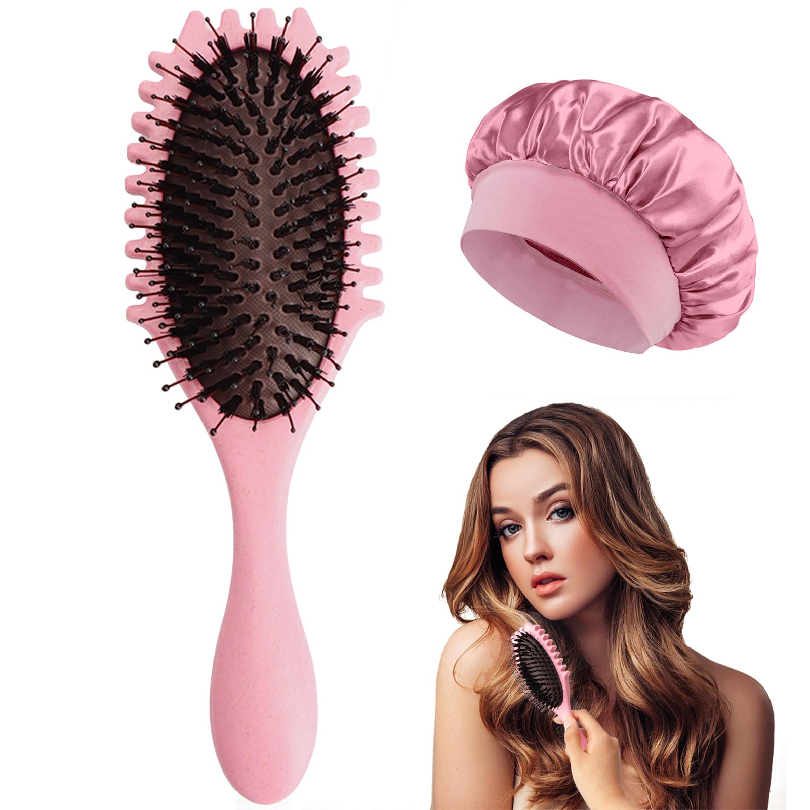 WALLFID Peine pelo Rizado,Cepillo para Definir Rizos,con Gorro de Seda para Dormir,Cepillo para Definir el Peinado para RizarPeinar y dar Forma, Reduce los Tirones y la Separación de Rizos