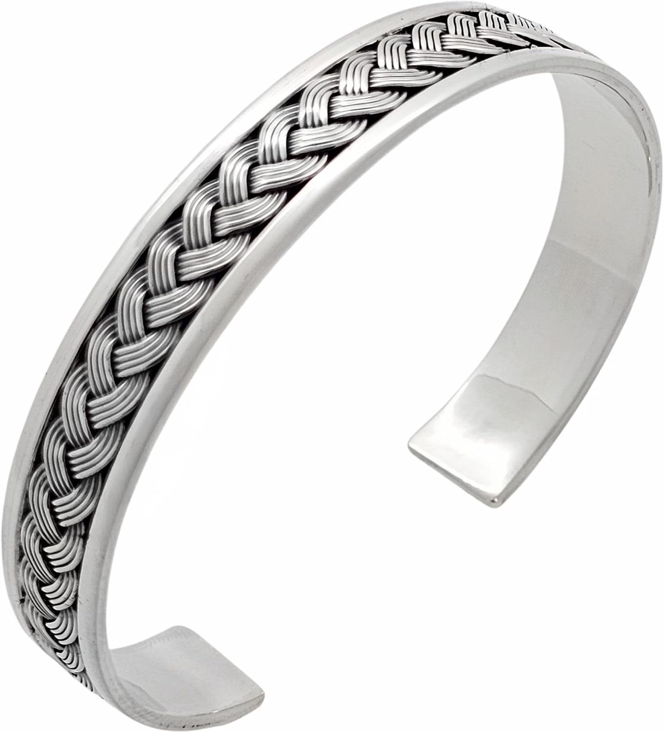 Men's Silver Bracelet Bangle Open Cuff Braided Details - Made From Solid 925 Sterling Silver