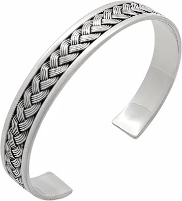Mens Silver Bracelet Bangle Open Cuff Braided Details - Made From Solid 925 Sterling Silver