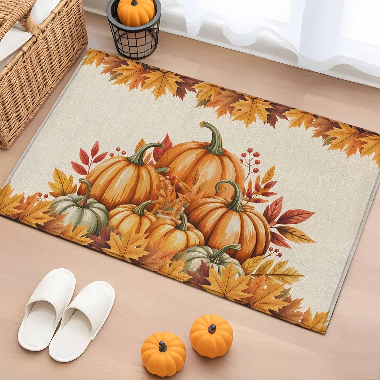 Orange Pumpkin Fall Bathroom Rug Washable 2x3 Entryway Rug Non Slip Thanksgiving Maple Left Botanical Autumn Front Door Mat Low Pile Indoor Doormat Throw Floor Carpet for Kitchen Bedroom Entrance