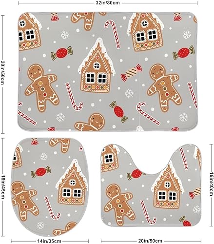 Miniatura 2 de Juego de 3 alfombras de baño de casa de jengibre de Navidad, antideslizantes, suaves, absorbentes, con funda para inodoro, decoración de baño de