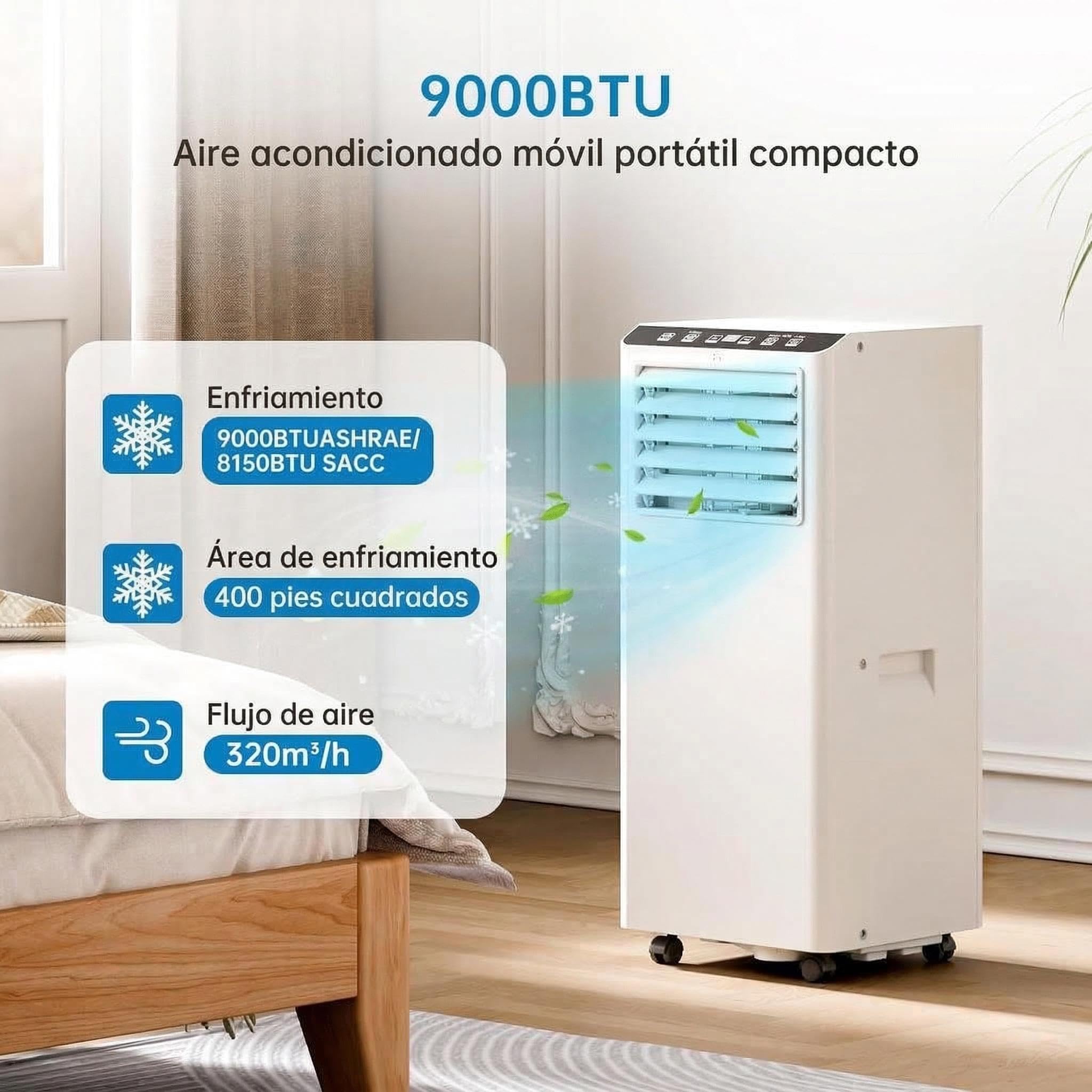 Aire acondicionado portátil 9000 BTU 2,6 kW(con mando a distancia), bajo consumo energético, pantalla LED, 4 modos, 2 velocidades de ventilador, 25 m², temporizador de 24 horas — view 6