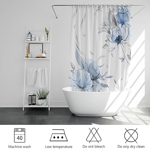 Miniatura 5 de Juego de cortinas de baño con flores azules y grises, cortinas de baño rústicas, estilo bohemio, con hojas florales, decoración de baño, tela