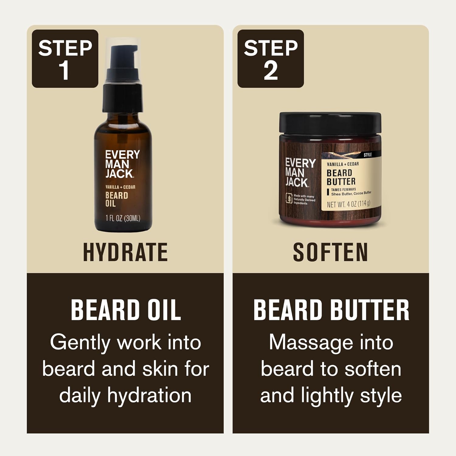 Every Man Jack Beard Oil & Beard Butter Bundle - Vanilla + Cedar Scent - Rejuvenates, Hydrates & Styles Dry Beards - Naturally Derived with Cocoa Butter and Shea Butter - Image 4