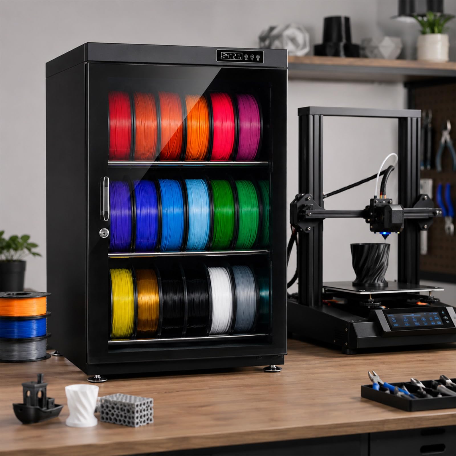 Armario Secador de Filamento 3D de 15-21 Rollos con Control Automático de Humedad – Almacenamiento Deshidratador Inteligente para PLA, ABS, Nylon y Más, Pantalla LCD